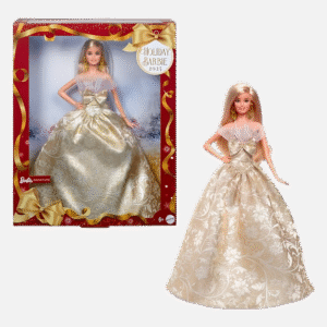 Barbie Signature 2025 Holiday Blonde Fashion Doll Wearing Silver & Gold Gown